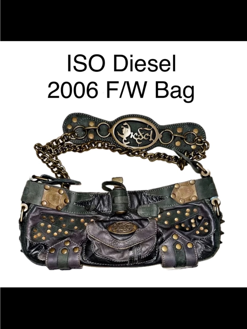 ISO Diesel Dark Green and Black Studded Leather Shoulder Bag